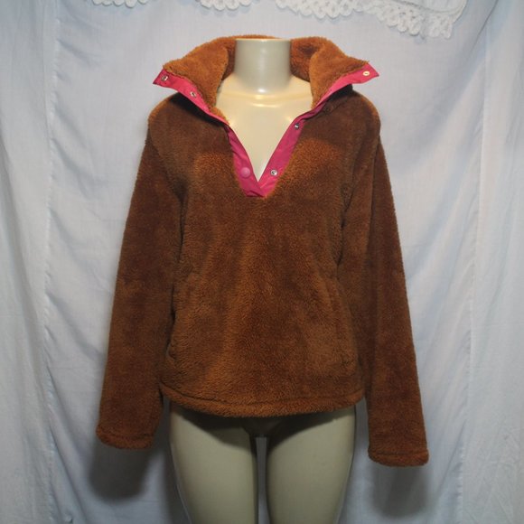 J.Crew TeddyBear Brown & Pink Polartec sherpa fleece half-snap pullover Sweater - Picture 6 of 7